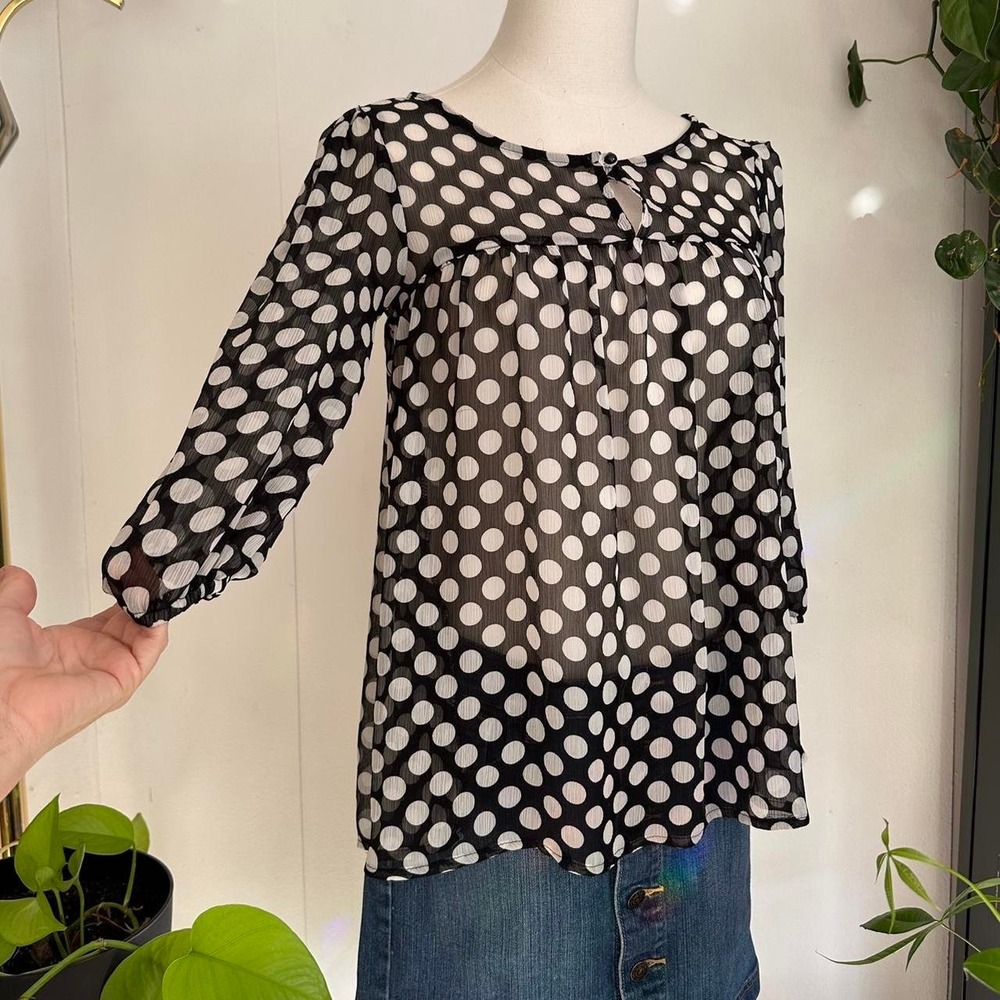 Forever 21 Polka Dot Sheer Chiffon Blouse Black White Y2K Twee Keyhole Small